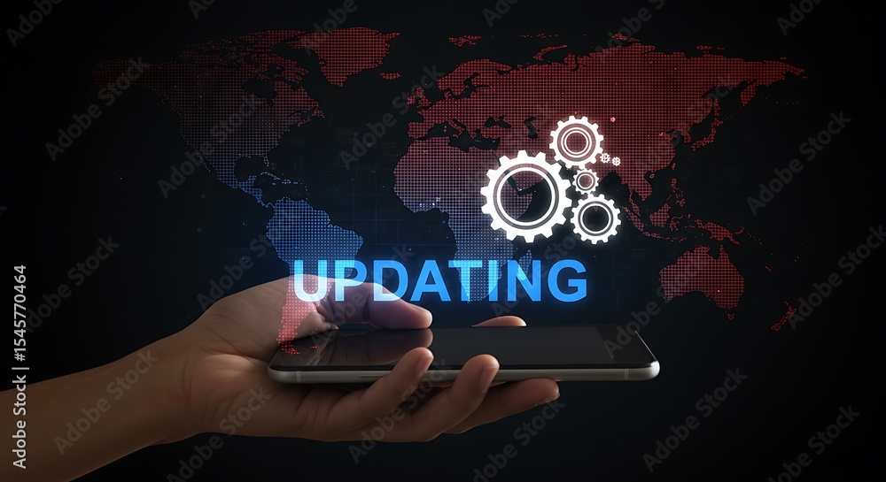 Poster hand holding smartphone showing update process with digital gears and a world map