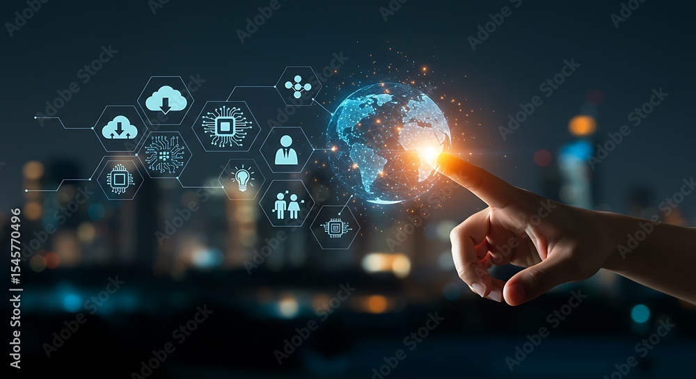 Poster hand touching global network data transforming digital information and connections