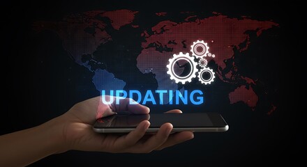 Hand holding smartphone showing update process with digital gears and a world map