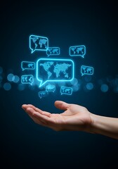 Fototapeta premium Hand presenting a world map chat bubble concept representing global communication