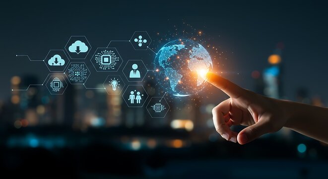Hand touching global network data transforming digital information and connections