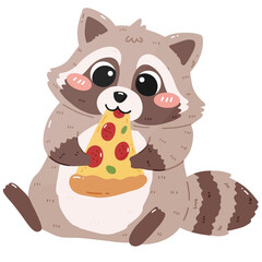 Cute funny raccoon and pizza with cat friend cartoon