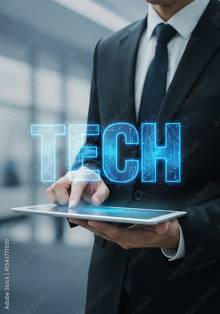 Poster businessman using tablet interface with tech neon digital display technology concept