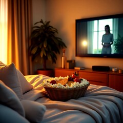 Cozy night home concept. Comfortable bed, fluffy blankets, popcorn, TV. Evening relaxation, watching film, movie night, leisure time, casual atmosphere. Home entertainment, movie, snack, enjoyment.