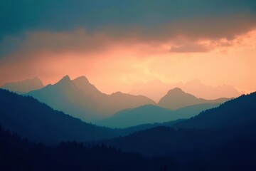 Fototapeta premium The mountains are covered in trees and the sky is a beautiful orange color