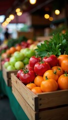 Organic produce displayed on wooden crate at farmer's market, fresh, display