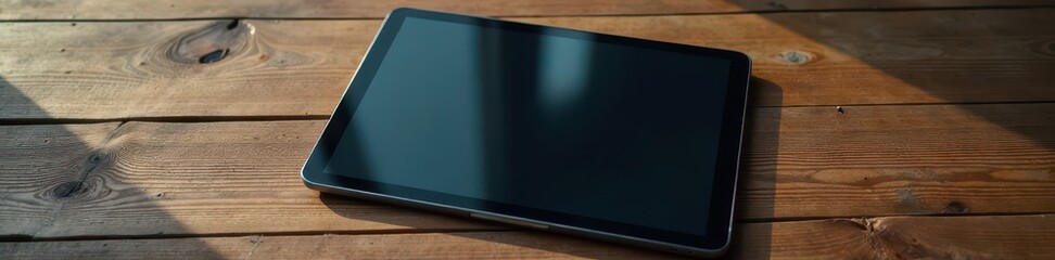 Modern tablet, empty screen, aged wooden surface , template, technology