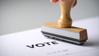 紙に力強く押されたVOTEスタンプが投票の決意を象徴する接写ビジュアル

