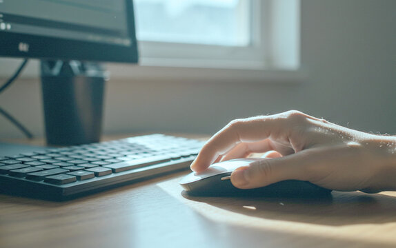 Finger gently clicking a wireless mouse on a wooden desk in front of a keyboard and screen, representing a focused digital workspace with natural light.