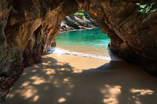 Tranquil beach cove sheltered by a rock arch. - Powered by Adobe