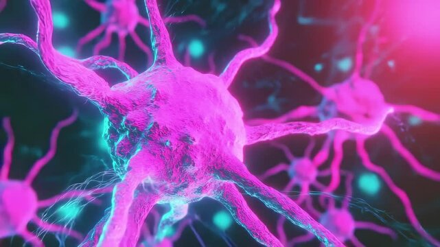 Vibrant neural network illustration in synthwave style with glitch effects and neon colors, Synthwave Vaporwave Retrowave Glitch Neuron 80s VHS with grain Seamless 3D render