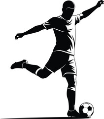 Silhouette of soccer player kicking ball, isolated athlete action pose, football sportsman in motion, black and white vector, energy, precision, competitive spirit concept