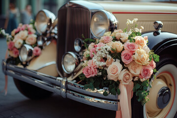 Wedding car decorated with flowers and ribbons, parked in front of a picturesque country church.