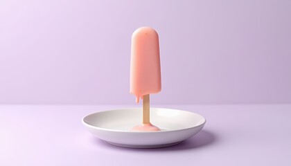 Fresh Pink Ice Cream Popsicle on a White Plate Against a Soft Lavender Background