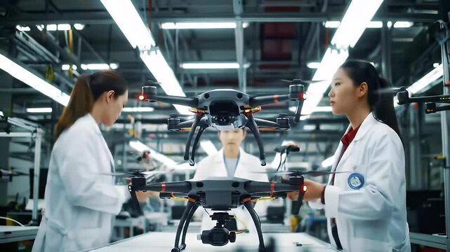 Women in lab coats working with drones in a factory setting