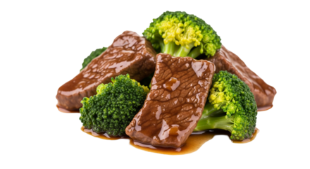 Beef and broccoli isolated on transparent background. Chinese food