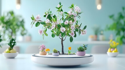 Blooming bonsai tree with succulents on rotating stand minimalist home decor