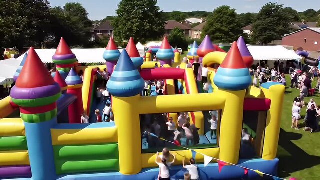 Large, colorful, inflatable bouncy castle, full of playing children, on green lawn