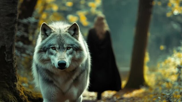 Woman walks alongside a dire wolf through a mystical forest at dusk, Woman and dire wolf walking into the woods