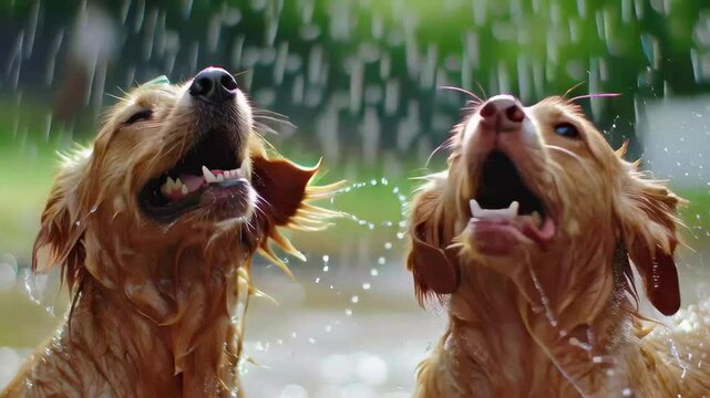 Wet golden retrievers joyfully playing in slow motion during a sunny afternoon, Slow Motion: Wet toller dogs playing and shaking fur dry HDR 10bit