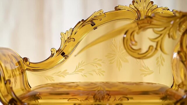 Ornate amber colored chair with floral designs in a bright setting
