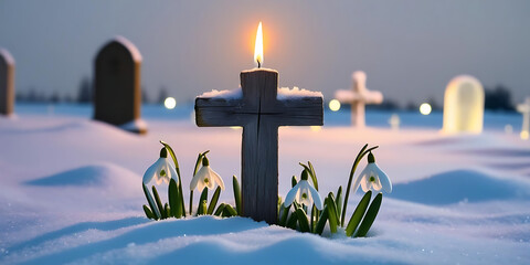 Lit candle on wooden cross in snowy cemetery

