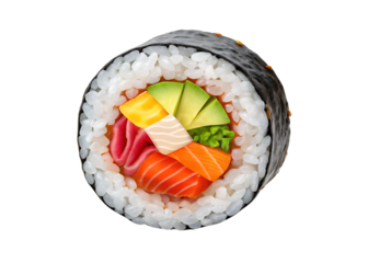 Delicious rainbow sushi roll with avocado and seafood