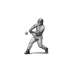 Engraved baseball player hitting the ball with bat, drawn in an engraved, woodcut style with fine details sketch engraving vector