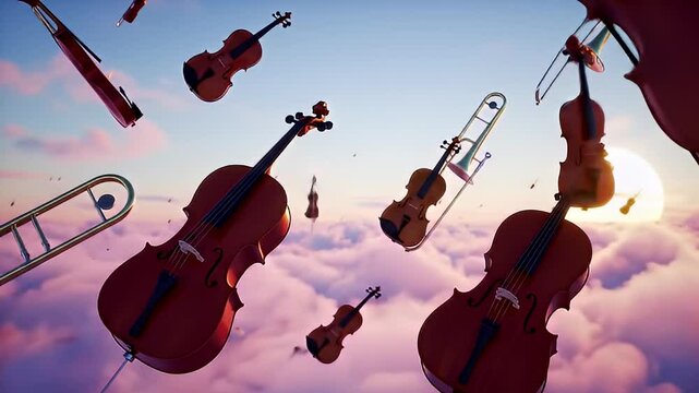 Violins, cellos, trombones floating amidst clouds, illuminated by a sunburst