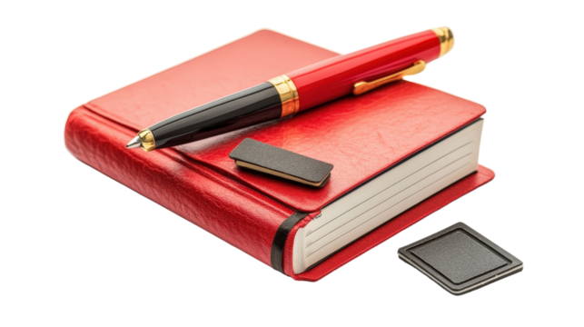 Teacher desk items including red pen, grade book, and stamp Transparent background, PNG