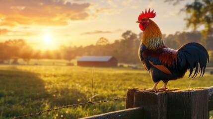 Rooster on post at sunrise