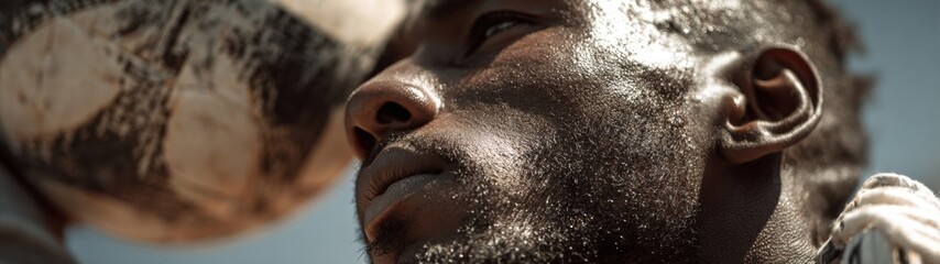 Naklejka premium African football player executing a powerful header, dynamic movement captured, minimalist backdrop enhances focus on athlete's skill and determination, clean and uncluttered scene