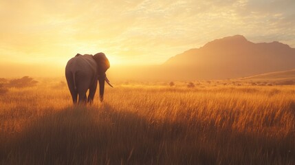 Majestic African elephant walking across the savanna under golden sunlight, no people