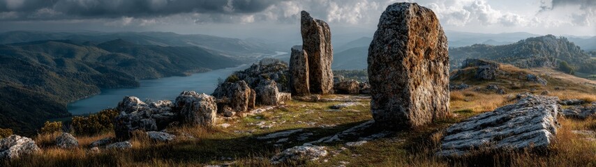 Ancient stone circle ruins on a hilltop with a panoramic view, surrounded by a minimalist landscape, featuring a clean and simple setting with ample open space.