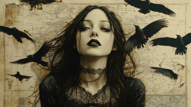Gothic woman with black lipstick and dark hair, surrounded by crows, vintage map background.