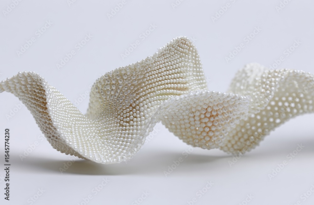 Poster fluid, undulating form crafted from densely packed small, off-white spheres, creating a three-dimens