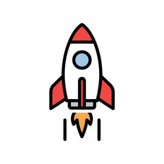 Simple red rocket icon in cartoon flat style, ideal for kids, space learning, or futuristic technology themes.