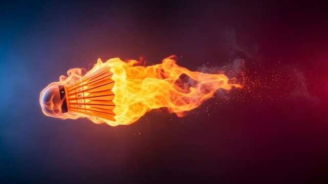 Burning Shuttlecock with Intense Flames Flying Through Dark Background in a Dynamic Display of Motion Energy and Speed