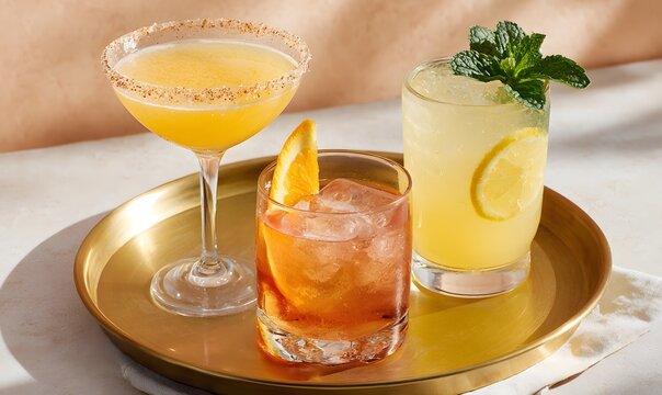 Three refined summer cocktails on a golden tray, left drink is a spicy margarita in a martini glass with chili salt rim, center is an old fashioned with orange peel and clear ice cub, Generative AI - Powered by Adobe