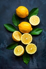 Fresh lemons and lemons leaves on dark stone background