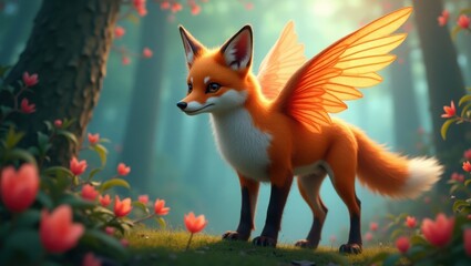 Obraz premium An orange-blue winged fantasy fox stands in a fairytale forest filled with flowers.