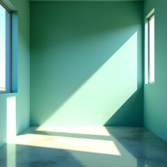Minimalist teal room interior with window, shadows from sunlight. Modern architecture with copy space. Empty room with minimalist design. Calm, tranquil space for product placement, design.