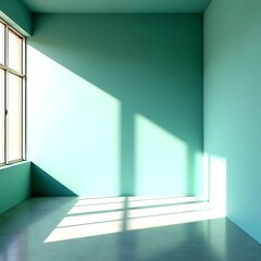 Minimalist teal room interior with window, shadows from sunlight. Modern architecture with copy space. Empty room with minimalist design. Calm, tranquil space for product placement, design.