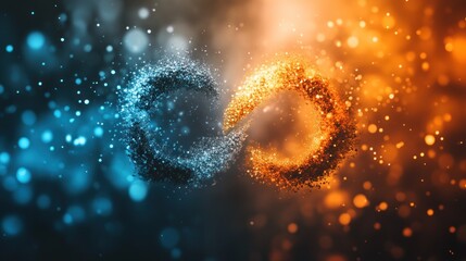 Abstract graphic design of intertwined infinity symbols, composed of blue and orange particles, against a blurred background.