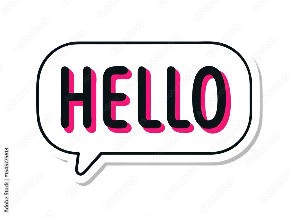 Poster hello word in a speech bubble with black outline and pink shadow on a white background design elemen