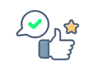 A graphic of a thumbs up with a speech bubble containing a check mark and a star on a white background