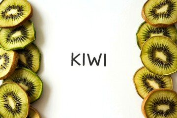 top view of dried kiwi slices on white background with copy space
