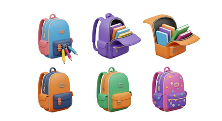 3D Render Colorful School Bag Backpack with Books and Stationery