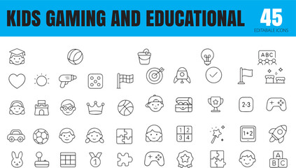 Kids’ Gaming and Educational Line Icons,  Gamepad, Puzzle, ABC, Tablet, Quiz, Book, Brain, Star, 
