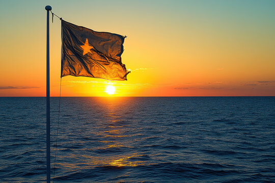 Flag flies proudly above the ocean, rippling in the breeze, symbolizing strength and freedom. - Powered by Adobe